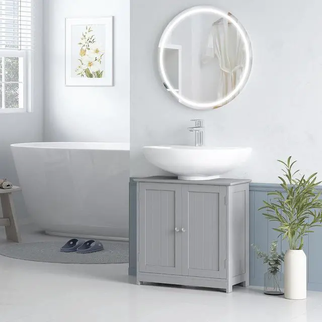 Alt view image 7 of 7 - kleankin 23.5" Pedestal Sink Storage Cabinet U-Shape Cut-Out Gray | Freestanding Bathroom Under Sink Cabinet, Adjustable Shelf