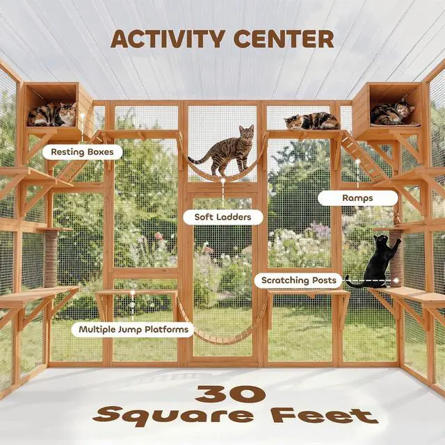 Alt view image 4 of 7 - PawHut Catio Outdoor Cat Enclosure Window, 118" x 37.5" x 74", Orange | Outdoor Cat House, Weather Protection Roof, for Multiple Kitties, Wooden Frame, Shelves & Bridges