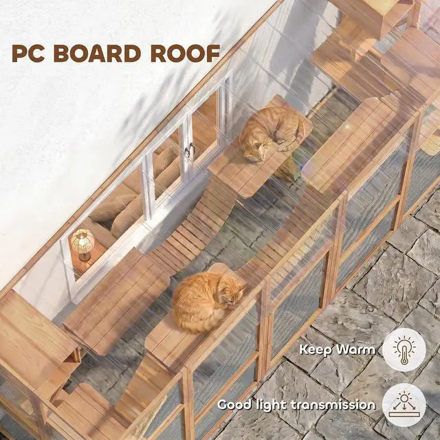 Alt view image 5 of 7 - PawHut Catio Outdoor Cat Enclosure Window, 118" x 37.5" x 74", Orange | Outdoor Cat House, Weather Protection Roof, for Multiple Kitties, Wooden Frame, Shelves & Bridges