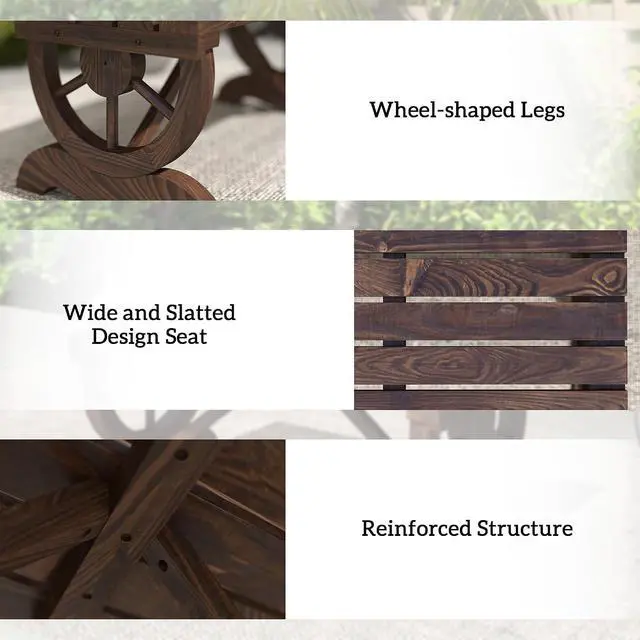 Alt view image 4 of 7 - 2-Person Wooden Garden Bench Outdoor Wagon Wheel 550 LBS Brown | Front Porch, Backyard Garden, Rustic Country Style Patio Furniture
