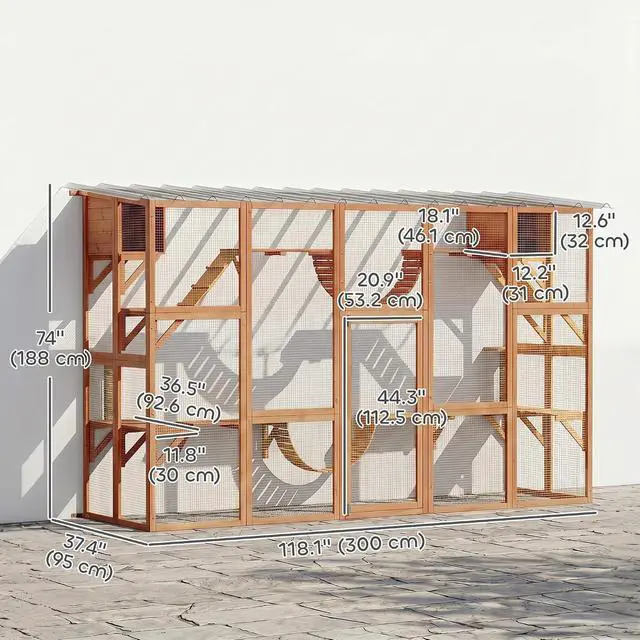 Alt view image 7 of 7 - PawHut Catio Outdoor Cat Enclosure Window, 118" x 37.5" x 74", Orange | Outdoor Cat House, Weather Protection Roof, for Multiple Kitties, Wooden Frame, Shelves & Bridges
