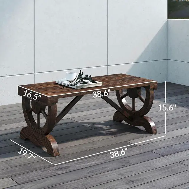 Alt view image 3 of 7 - 2-Person Wooden Garden Bench Outdoor Wagon Wheel 550 LBS Brown | Front Porch, Backyard Garden, Rustic Country Style Patio Furniture