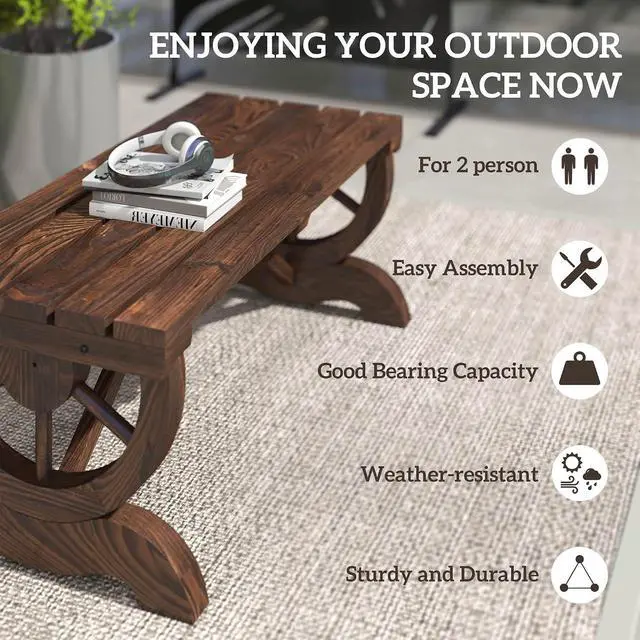 Alt view image 6 of 7 - 2-Person Wooden Garden Bench Outdoor Wagon Wheel 550 LBS Brown | Front Porch, Backyard Garden, Rustic Country Style Patio Furniture