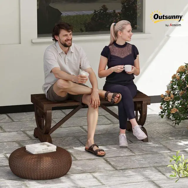 Alt view image 2 of 7 - 2-Person Wooden Garden Bench Outdoor Wagon Wheel 550 LBS Brown | Front Porch, Backyard Garden, Rustic Country Style Patio Furniture
