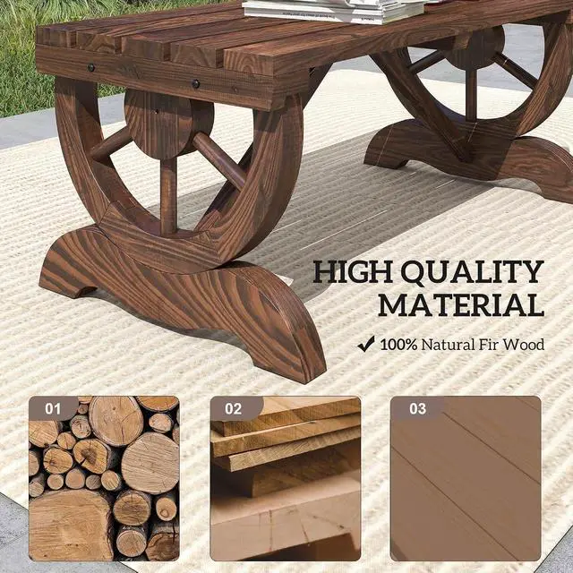 Alt view image 5 of 7 - 2-Person Wooden Garden Bench Outdoor Wagon Wheel 550 LBS Brown | Front Porch, Backyard Garden, Rustic Country Style Patio Furniture