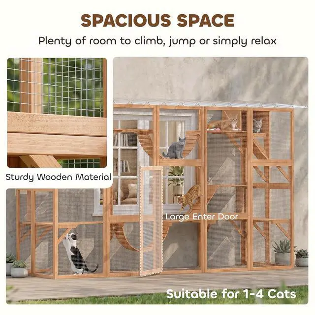 Alt view image 6 of 7 - PawHut Catio Outdoor Cat Enclosure Window, 118" x 37.5" x 74", Orange | Outdoor Cat House, Weather Protection Roof, for Multiple Kitties, Wooden Frame, Shelves & Bridges