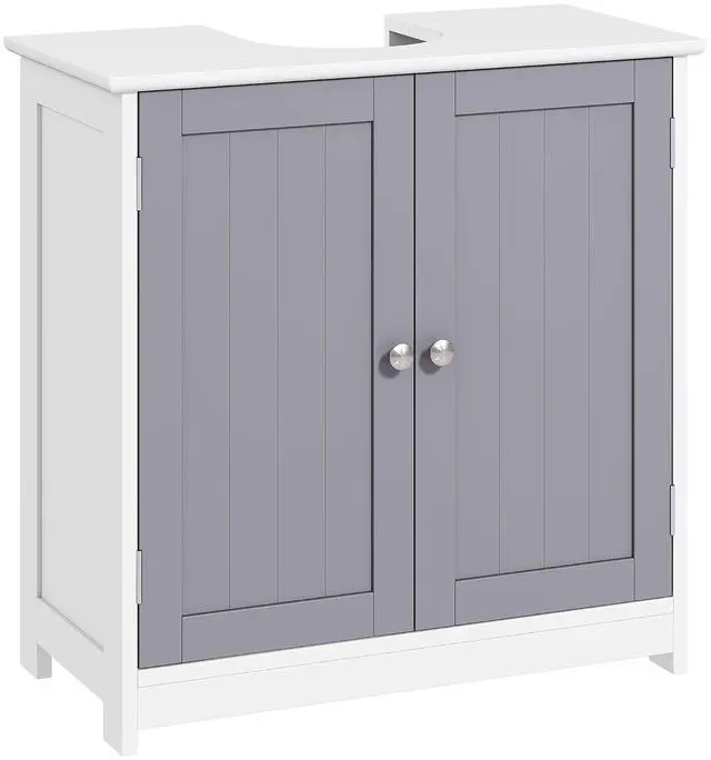 Main image of kleankin 23.5" Pedestal Sink Storage Cabinet U-Shape Cut-Out White and Gray | Freestanding Bathroom Under Sink Cabinet, Adjustable Shelf