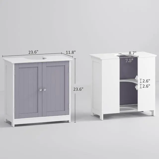 Alt view image 3 of 7 - kleankin 23.5" Pedestal Sink Storage Cabinet U-Shape Cut-Out White and Gray | Freestanding Bathroom Under Sink Cabinet, Adjustable Shelf