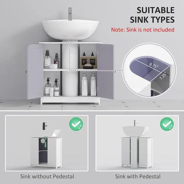 Alt view image 4 of 7 - kleankin 23.5" Pedestal Sink Storage Cabinet U-Shape Cut-Out White and Gray | Freestanding Bathroom Under Sink Cabinet, Adjustable Shelf