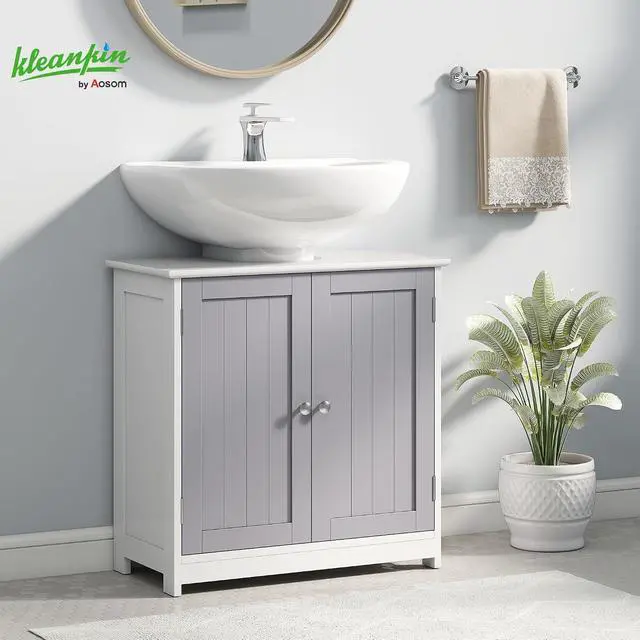 Alt view image 2 of 7 - kleankin 23.5" Pedestal Sink Storage Cabinet U-Shape Cut-Out White and Gray | Freestanding Bathroom Under Sink Cabinet, Adjustable Shelf