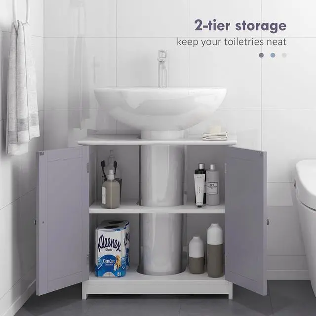 Alt view image 5 of 7 - kleankin 23.5" Pedestal Sink Storage Cabinet U-Shape Cut-Out White and Gray | Freestanding Bathroom Under Sink Cabinet, Adjustable Shelf