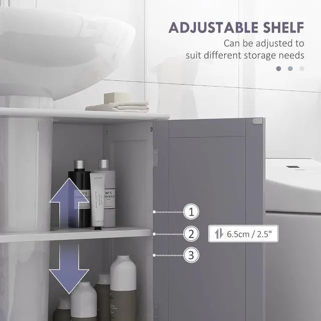 Alt view image 6 of 7 - kleankin 23.5" Pedestal Sink Storage Cabinet U-Shape Cut-Out White and Gray | Freestanding Bathroom Under Sink Cabinet, Adjustable Shelf