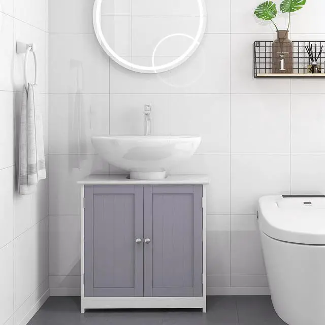 Alt view image 7 of 7 - kleankin 23.5" Pedestal Sink Storage Cabinet U-Shape Cut-Out White and Gray | Freestanding Bathroom Under Sink Cabinet, Adjustable Shelf
