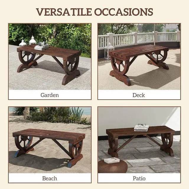 Alt view image 7 of 7 - 2-Person Wooden Garden Bench Outdoor Wagon Wheel 550 LBS Brown | Front Porch, Backyard Garden, Rustic Country Style Patio Furniture