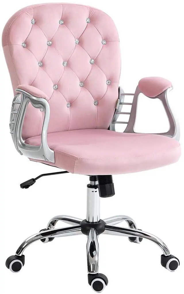 Main image of Velvet Home Office Chair Button Tufted Padded Armrests Pink | Desk Chair, Adjustable Height, Swivel Wheels