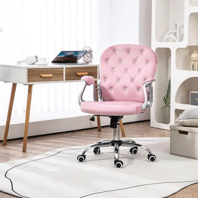 Alt view image 2 of 7 - Velvet Home Office Chair Button Tufted Padded Armrests Pink | Desk Chair, Adjustable Height, Swivel Wheels