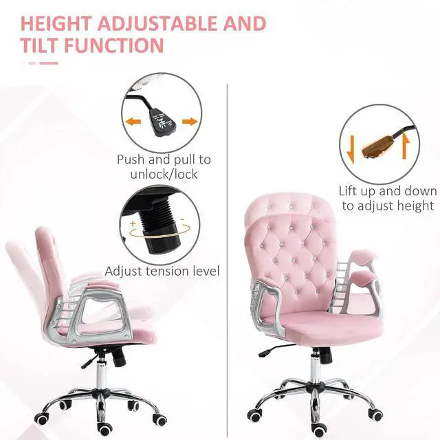 Alt view image 4 of 7 - Velvet Home Office Chair Button Tufted Padded Armrests Pink | Desk Chair, Adjustable Height, Swivel Wheels