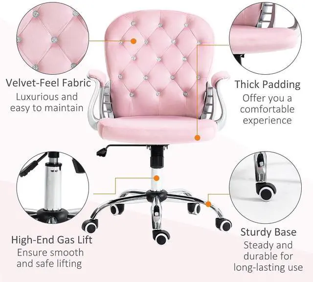 Alt view image 5 of 7 - Velvet Home Office Chair Button Tufted Padded Armrests Pink | Desk Chair, Adjustable Height, Swivel Wheels