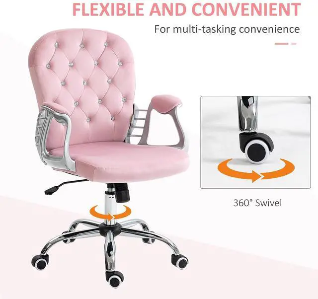 Alt view image 6 of 7 - Velvet Home Office Chair Button Tufted Padded Armrests Pink | Desk Chair, Adjustable Height, Swivel Wheels