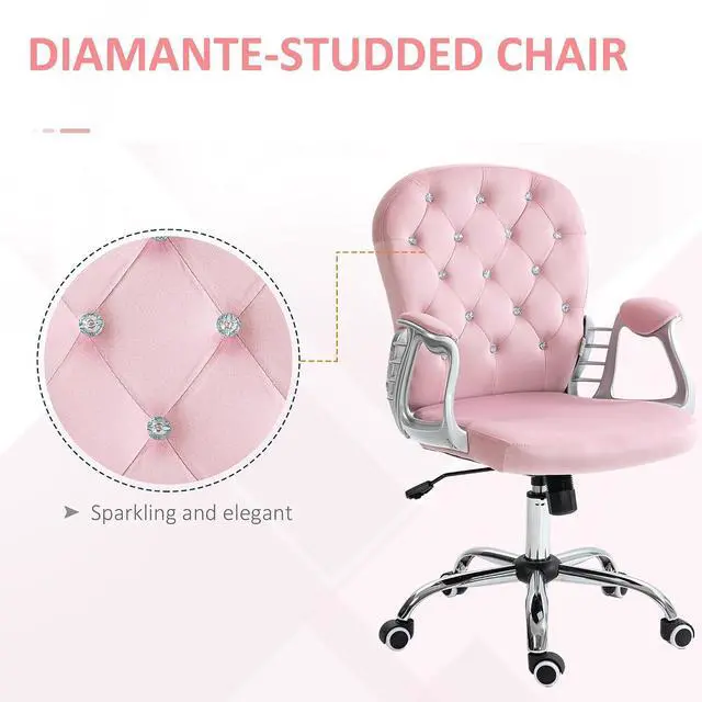 Alt view image 7 of 7 - Velvet Home Office Chair Button Tufted Padded Armrests Pink | Desk Chair, Adjustable Height, Swivel Wheels