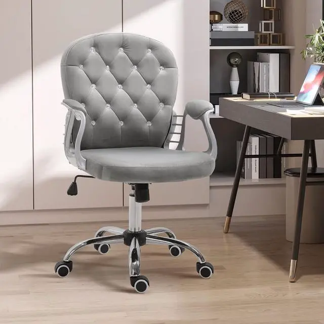 Alt view image 2 of 7 - Velvet Home Office Chair Button Tufted Padded Armrests Gray | Desk Chair, Adjustable Height, Swivel Wheels