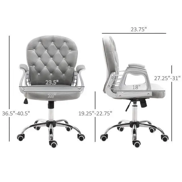 Alt view image 3 of 7 - Velvet Home Office Chair Button Tufted Padded Armrests Gray | Desk Chair, Adjustable Height, Swivel Wheels