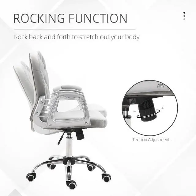 Alt view image 5 of 7 - Velvet Home Office Chair Button Tufted Padded Armrests Gray | Desk Chair, Adjustable Height, Swivel Wheels