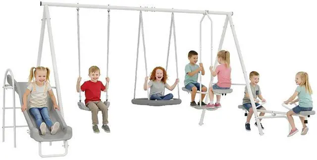 Main image of 693 lbs Metal Swing Set for Kids 5 in 1 Outdoor Playset, Gray | Heavy Duty A-Frame Stand, 29.5" Saucer Swing, 4.6FT Slide, Teeter-Totter, 2-Person Glider, for Backyard