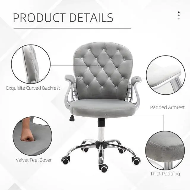 Alt view image 6 of 7 - Velvet Home Office Chair Button Tufted Padded Armrests Gray | Desk Chair, Adjustable Height, Swivel Wheels