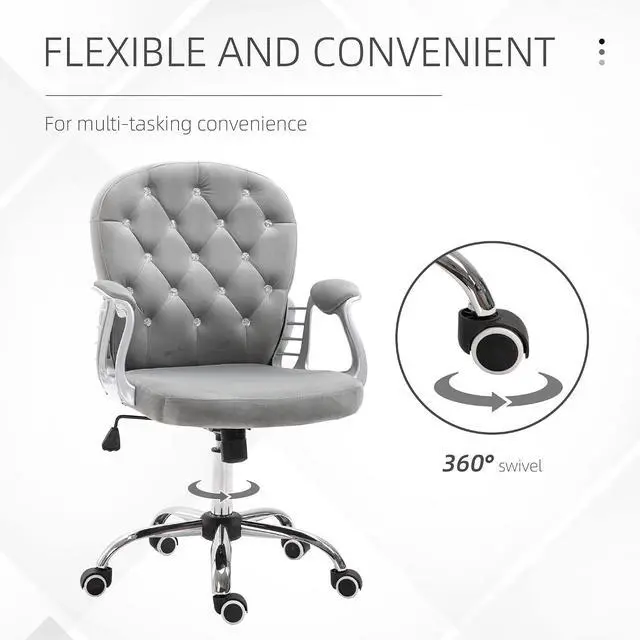 Alt view image 7 of 7 - Velvet Home Office Chair Button Tufted Padded Armrests Gray | Desk Chair, Adjustable Height, Swivel Wheels