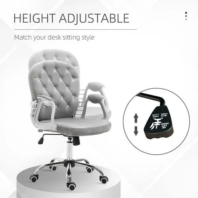 Alt view image 4 of 7 - Velvet Home Office Chair Button Tufted Padded Armrests Gray | Desk Chair, Adjustable Height, Swivel Wheels