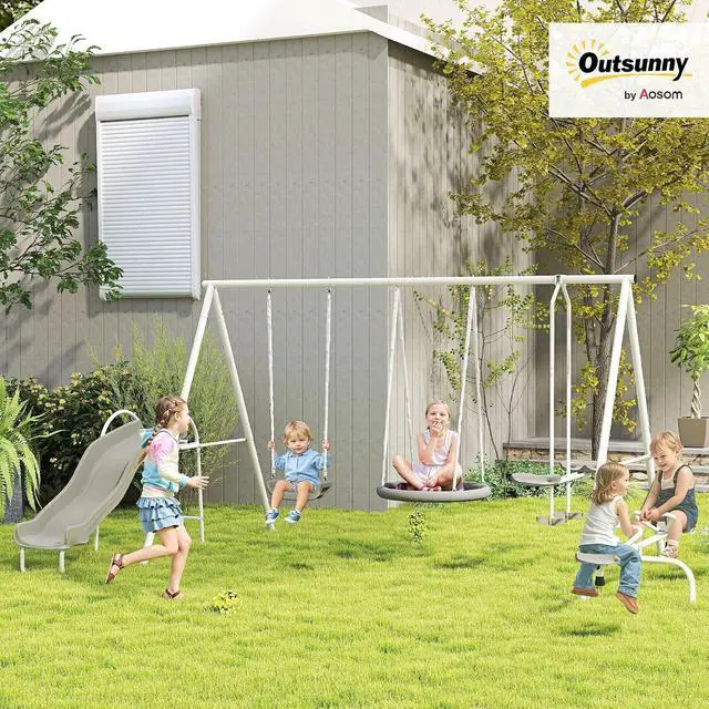 Alt view image 2 of 7 - 693 lbs Metal Swing Set for Kids 5 in 1 Outdoor Playset, Gray | Heavy Duty A-Frame Stand, 29.5" Saucer Swing, 4.6FT Slide, Teeter-Totter, 2-Person Glider, for Backyard