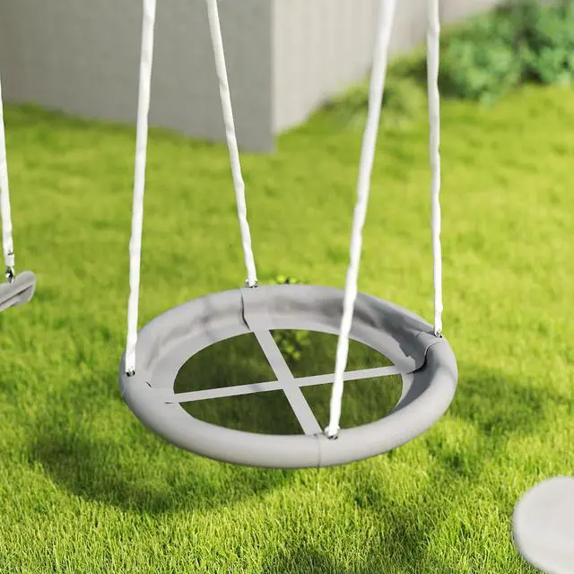 Alt view image 6 of 7 - 693 lbs Metal Swing Set for Kids 5 in 1 Outdoor Playset, Gray | Heavy Duty A-Frame Stand, 29.5" Saucer Swing, 4.6FT Slide, Teeter-Totter, 2-Person Glider, for Backyard