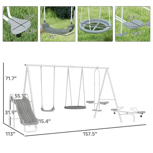 Alt view image 7 of 7 - 693 lbs Metal Swing Set for Kids 5 in 1 Outdoor Playset, Gray | Heavy Duty A-Frame Stand, 29.5" Saucer Swing, 4.6FT Slide, Teeter-Totter, 2-Person Glider, for Backyard