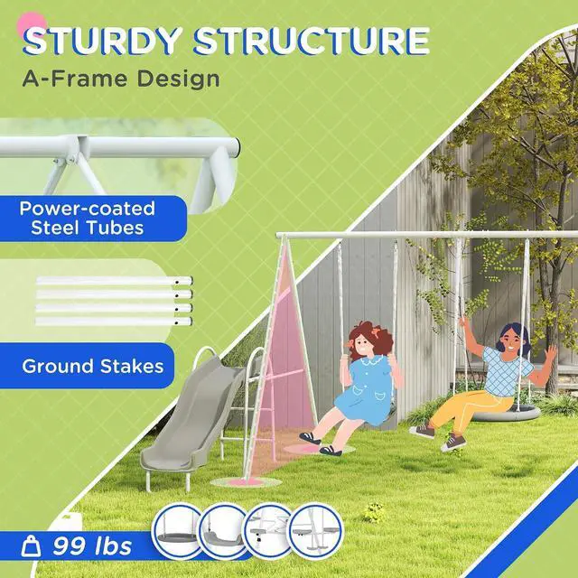 Alt view image 4 of 7 - 693 lbs Metal Swing Set for Kids 5 in 1 Outdoor Playset, Gray | Heavy Duty A-Frame Stand, 29.5" Saucer Swing, 4.6FT Slide, Teeter-Totter, 2-Person Glider, for Backyard