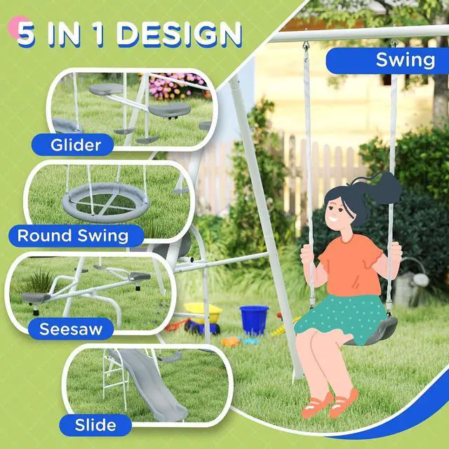 Alt view image 3 of 7 - 693 lbs Metal Swing Set for Kids 5 in 1 Outdoor Playset, Gray | Heavy Duty A-Frame Stand, 29.5" Saucer Swing, 4.6FT Slide, Teeter-Totter, 2-Person Glider, for Backyard