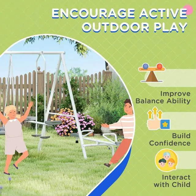 Alt view image 5 of 7 - 693 lbs Metal Swing Set for Kids 5 in 1 Outdoor Playset, Gray | Heavy Duty A-Frame Stand, 29.5" Saucer Swing, 4.6FT Slide, Teeter-Totter, 2-Person Glider, for Backyard