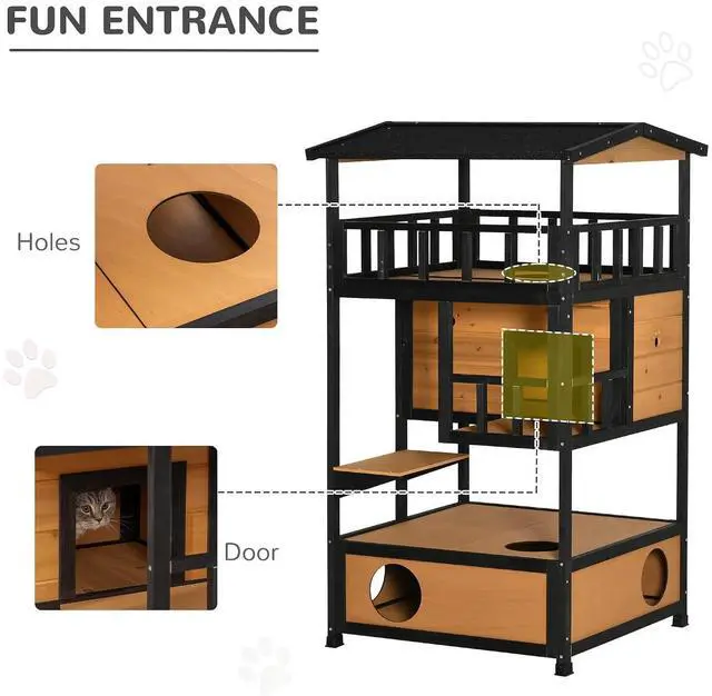 Alt view image 4 of 7 - PawHut 3-Story Wooden Outdoor Cat House w/Raised Floor, 5 Doors Yellow | Feral Cat Shelter Condo, Waterproof Asphalt Roof, Escape Entrances & Jumping Platforms