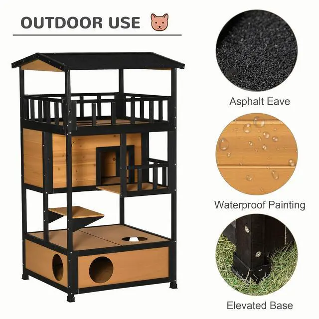 Alt view image 5 of 7 - PawHut 3-Story Wooden Outdoor Cat House w/Raised Floor, 5 Doors Yellow | Feral Cat Shelter Condo, Waterproof Asphalt Roof, Escape Entrances & Jumping Platforms