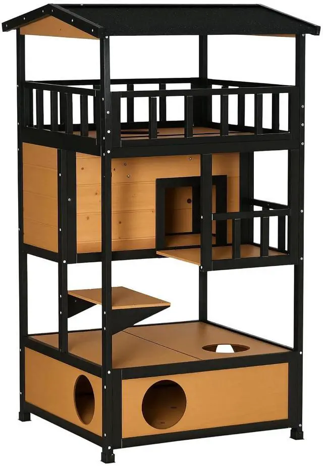 Main image of PawHut 3-Story Wooden Outdoor Cat House w/Raised Floor, 5 Doors Yellow | Feral Cat Shelter Condo, Waterproof Asphalt Roof, Escape Entrances & Jumping Platforms