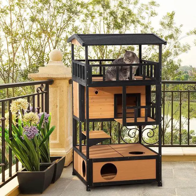 Alt view image 2 of 7 - PawHut 3-Story Wooden Outdoor Cat House w/Raised Floor, 5 Doors Yellow | Feral Cat Shelter Condo, Waterproof Asphalt Roof, Escape Entrances & Jumping Platforms