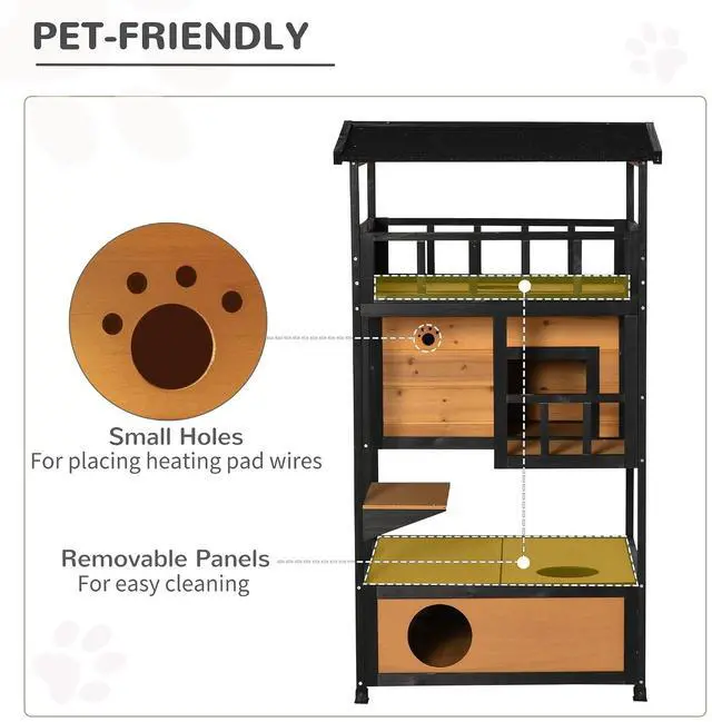 Alt view image 6 of 7 - PawHut 3-Story Wooden Outdoor Cat House w/Raised Floor, 5 Doors Yellow | Feral Cat Shelter Condo, Waterproof Asphalt Roof, Escape Entrances & Jumping Platforms