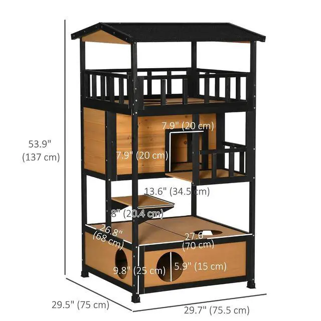 Alt view image 7 of 7 - PawHut 3-Story Wooden Outdoor Cat House w/Raised Floor, 5 Doors Yellow | Feral Cat Shelter Condo, Waterproof Asphalt Roof, Escape Entrances & Jumping Platforms