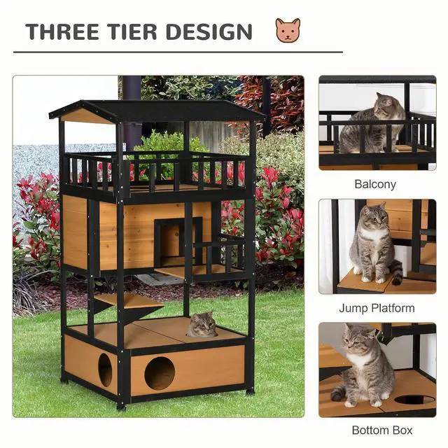 Alt view image 3 of 7 - PawHut 3-Story Wooden Outdoor Cat House w/Raised Floor, 5 Doors Yellow | Feral Cat Shelter Condo, Waterproof Asphalt Roof, Escape Entrances & Jumping Platforms