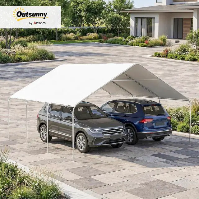 Alt view image 2 of 7 - Carport Heavy Duty Party Tent for Car, Truck 19' x 19.5' White | Portable Garage, Outdoor Canopy Tent, Galvanized Steel Frame, for Boat Motorcycle Bike, 8 Legs