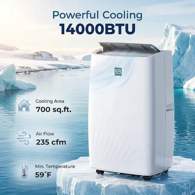 Alt view image 3 of 7 - 14000 BTU Portable Air Conditioner 5-in-1 for Room up to 700 Sq. ft | AC Unit, Cool, Dehumidifier, Fan, Auto And Sleep Mode, 24H Timer, 3 Speeds, Remote, Window Kit