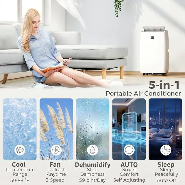 Alt view image 4 of 7 - 14000 BTU Portable Air Conditioner 5-in-1 for Room up to 700 Sq. ft | AC Unit, Cool, Dehumidifier, Fan, Auto And Sleep Mode, 24H Timer, 3 Speeds, Remote, Window Kit