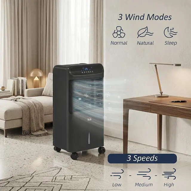 Alt view image 4 of 7 - 32" Evaporative Air Cooler, 3.2 Gal Water Tank Swamp Cooler Black | 3-in-1 Ice Cooling Fan, Portable, 60° Oscillation, Humidifier, Remote, for Home Office, 3 Modes, 3 Speeds, 12H Timer