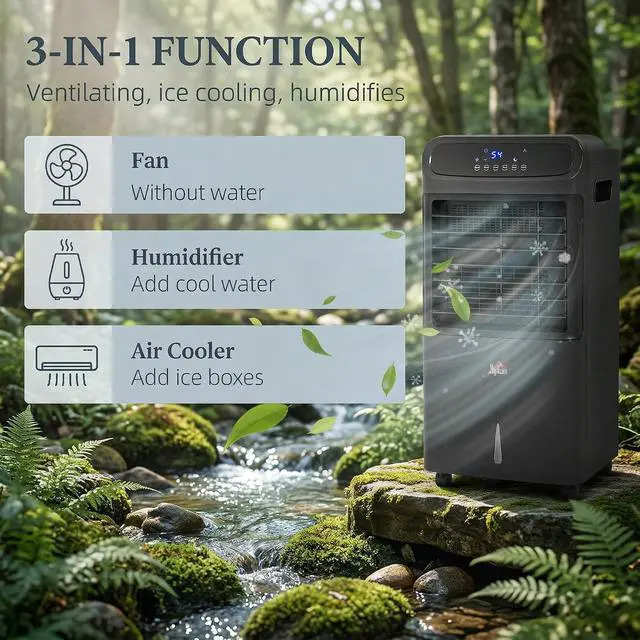 Alt view image 5 of 7 - 32" Evaporative Air Cooler, 3.2 Gal Water Tank Swamp Cooler Black | 3-in-1 Ice Cooling Fan, Portable, 60° Oscillation, Humidifier, Remote, for Home Office, 3 Modes, 3 Speeds, 12H Timer