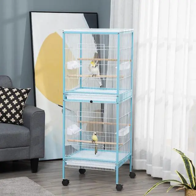 Alt view image 2 of 7 - PawHut Large Bird Cage 1.7 ft. Width for Wingspan 55", Light Blue | Bird Aviary Indoor, Multi-Door Design, Fit for a Canary, Finch, Conure